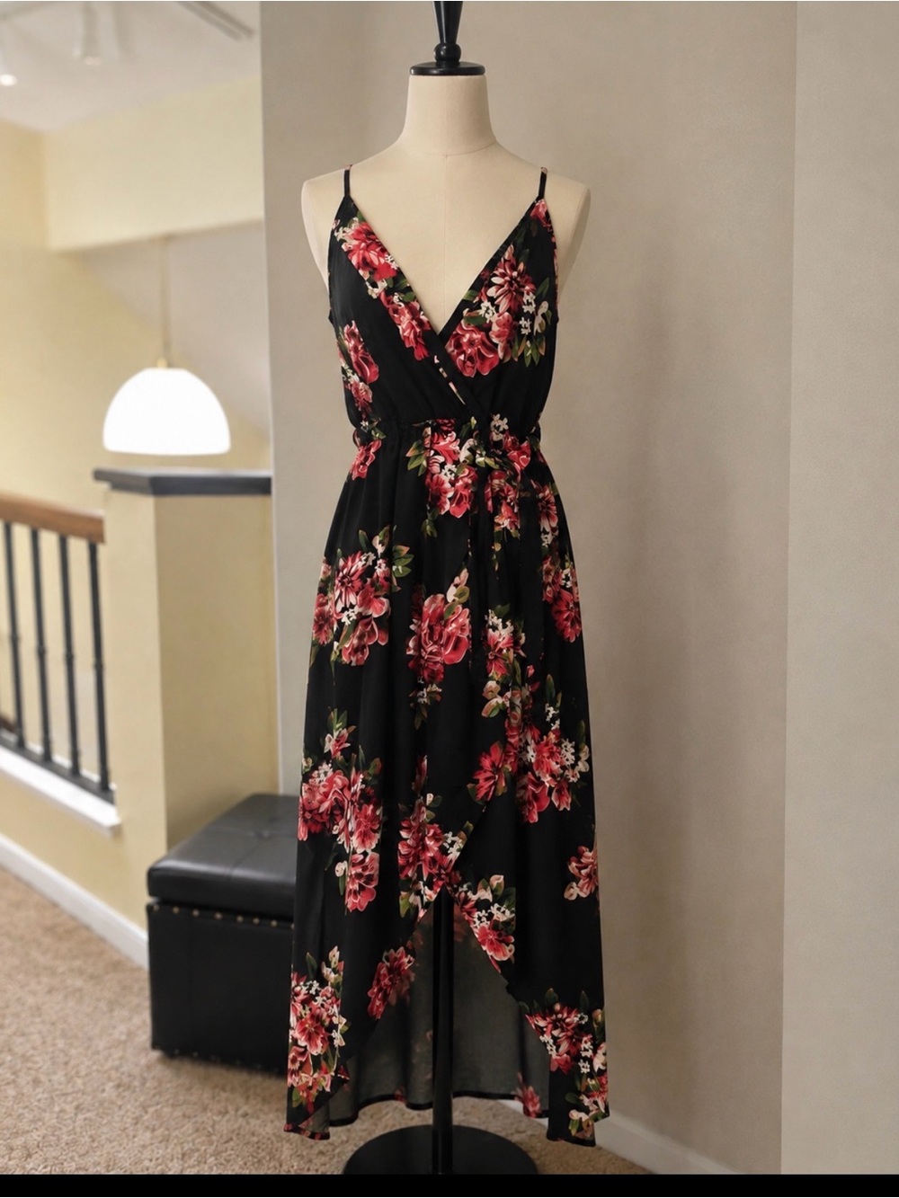 Floral V-Neck Wrap Maxi Dress - Black with Pink Floral